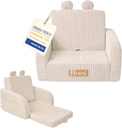 Flumi - 2 in 1 Uitschuifbare Kinderfauteuil - Schuimconstructie - Afneembare Wasbare Hoes - Corduroy Stof - Met Zijvakken - Beige