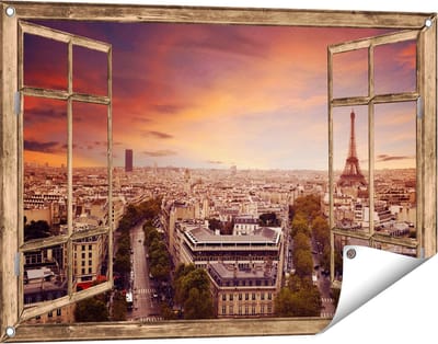 Gards Tuinposter Doorkijk Skyline Parijs met Eiffeltoren - 90x60 cm - Tuindoek - Tuindecoratie - Wanddecoratie buiten - Tuinschilderij