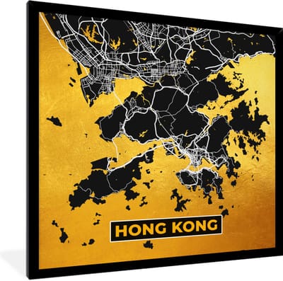 Fotolijst incl. Poster - Hong Kong - Goud - Stadskaart - Plattegrond - Kaart - 40x40 cm - Posterlijst