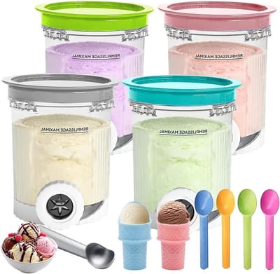 Set van 4 IJscontainers van 500 ml met Deksel en Lepels, BPA-vrij en Vaatwasmachinebestendig, Geschikt voor Ninja NC700 en NC701, Verkrijgbaar in 4 Kleuren