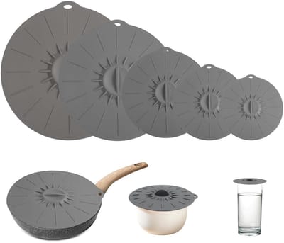 Dailygoods - 5 stuks siliconen deksels, herbruikbaar, siliconen, stofdicht, hittebestendig, siliconen deksels voor kommen, 5 maten, vershouddeksel voor keuken, voor kommen, potten, borden, kopjes (grijs)