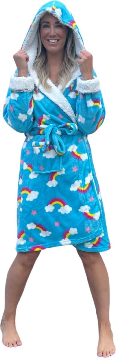 Dames badjas fleece - capuchon - gevoerd teddy - regenboog - Rebelle badjassen voor dames - 3XL