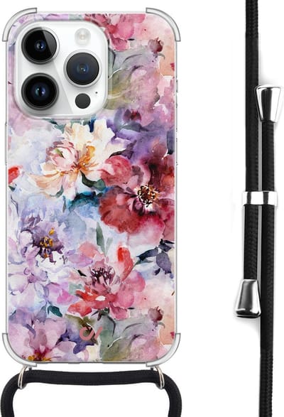Casevibes - Telefoonhoesje met koord - Geschikt voor Apple iPhone 14 Pro - Bloemen Acryl - Roze -