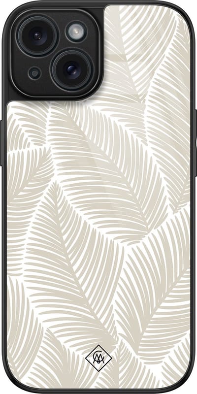 Casimoda® hoesje - Geschikt voor iPhone 15 - Palmy Leaves Beige - Luxe Hard Case Zwart - Backcover telefoonhoesje - Bruin/beige