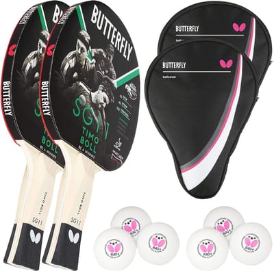 Tafeltennisbatjesset met 2 x SG11 batjes, hoes en 6 ITTF R40+ ballen
