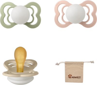 BIBS Supreme Fopspenen - Maat 1 0-6 maanden - Latex – Glow in the dark Sage - Blush – Vanilla + Monkiezz speenzakje