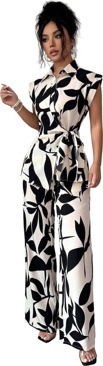 Kleding Set Dames - Broek en Mouwloos Jasje - Zwart Crème Wit - Mode