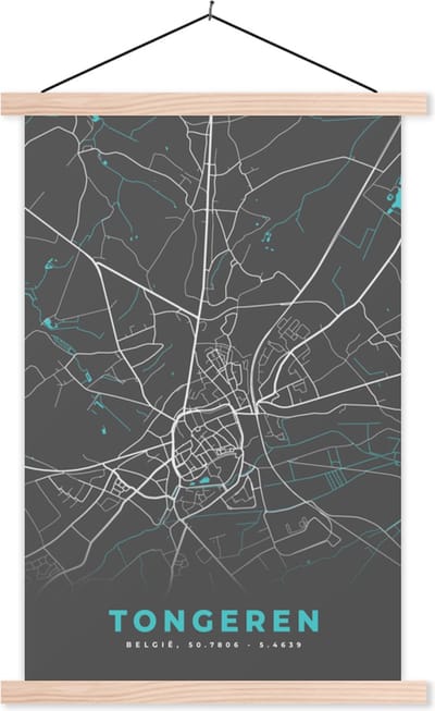 Posterhanger incl. Poster 40x60 cm - Schoolplaat - Plattegrond – Tongeren – Blauw – Stadskaart - Kaart - Textielposter - Blanke latten - Stadskaart