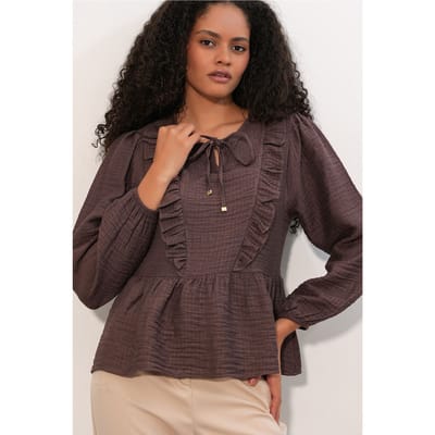 Rimpelige Geweven Blouse Met Strik Sluiting