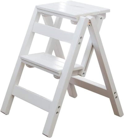 Houten Opstapje - Krukje Ladder - Huishoudelijk Werk - Opvouwbaar Design - 150kg Capaciteit - Wit