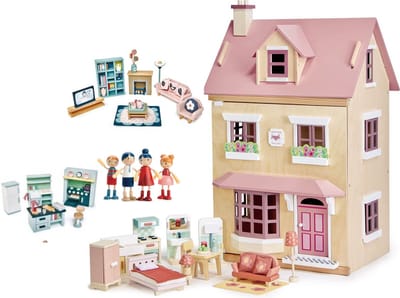 [D] Tender Leaf uniek houten poppenhuis Villa Foxtail XXL 3 verdiepingen inclusief houten poppen familie woonkamer en keuken/slaapkamer meubels - 40 x 72 x 90 cm cm