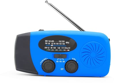 Noodradio met handaandrijving, LED-zaklamp, uitgerust met een powerbank van 2000 mAh en telefoonoplader, USB-oplaadfunctie en zonne-energie, geschikt voor kamperen en noodgevallen (blauw).