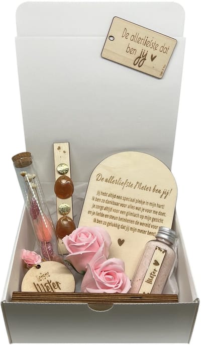 Geschenkbox liefste METER | roze | deluxe | droogbloemen | liefste meter | meter vragen | meter worden | peettante vragen | peettante worden | cadeau | geschenkdoos | giftbox