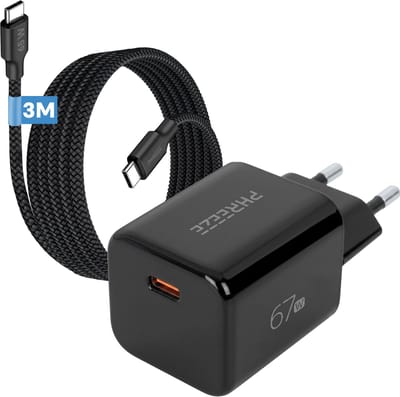 Oplader USB C 67W GaN Mini Snellader + USB C naar USB C Kabel 3 Meter - Extra Lange Oplader Set voor Smartphone, Tablet & Laptop