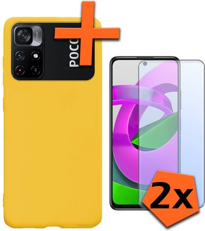 Hoes - Met 2x Screenprotector - Geschikt voor Xiaomi Poco M4 Pro 5G - Sterk & Shockproof - Back Cover - Siliconen Case - Telefoon Hoes - Geel