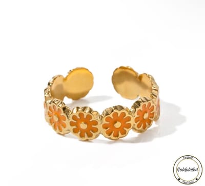 Soraro Orange Flower Ring | Goldplated | Goudkleurig | Oranje | Dames Ring | Bloem | Klemring | Vrouwen Cadeau