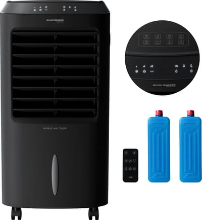 JAP Appliances Edmonton - 4 in 1 Aircooler, Ventilator, Ionisator en luchtbevochtiger - Met afstandsbediening en timer - Luchtkoeler Inclusief 2 koelelementen - Mat zwart