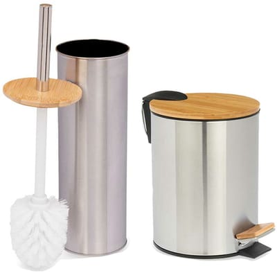 Berilo Pedaalemmer en Toiletborstel Steel - softclose - 5 liter - zilver/beige - 20 x 26 cm - wc borstel 34 cm