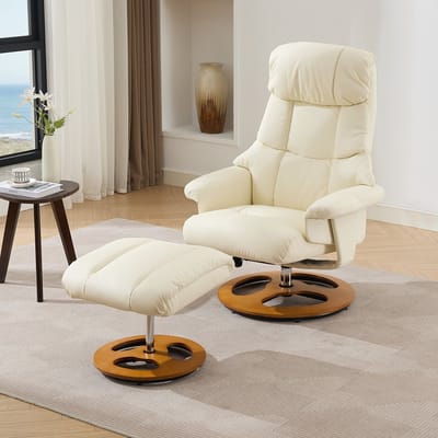 HAUSS SPOLE Relaxstoel - Draaibare Massagestoel Met Verwarming En Hocker - Verstelbare Rugleuning - Voor Woonkamer - Wit PU