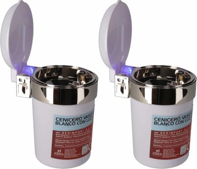 2x Auto asbakje met Led lichtje en deksel wit 11 x 9 cm - Geurvrije anti rook auto asbak