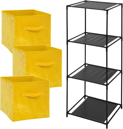 5Five Opbergkastje Smartrack met kastmanden - 3x mandjes van stof - geel - 34 x 98 cm - manden van 29 Liter