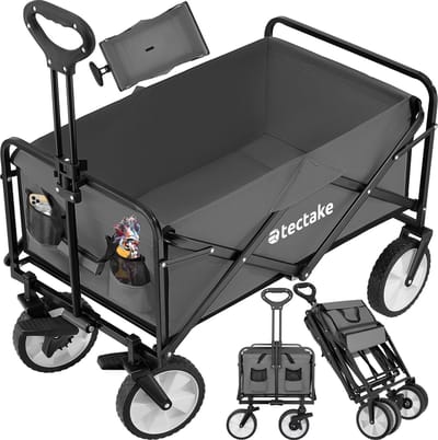 tectake® Opvouwbare handkar - Opvouwbare transportwagen - Met draagtas - Handkar om te trekken - Brede rubberen banden met rem - Opvouwbare wagen voor transport - Voor naar het strand - 100L - Draagvermogen tot 80kg - Grijs