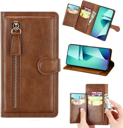 Premium vintage portemonnee hoesje met ritssluiting flip-cover hoes met kaarthoudersleuven Geschikt voor: Samsung Galaxy A34 5G - donker bruin