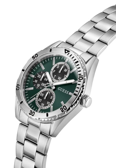 Guess Velocity Quartz Analoog Horloge Zilverkleurig Kast Gemaakt Van 100% Roestvrij Staal En Een Band Van 100% Roestvrij Staal 43 GW1061G1, GW1061G2, GW1061G6, GW1061G7