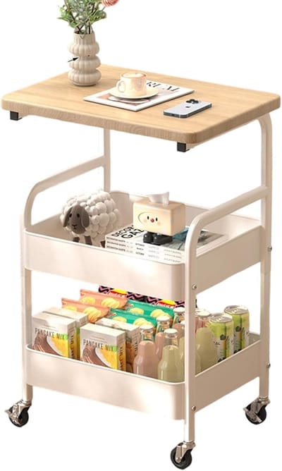 Roltafel met 3 Etages & Houten Bovenblad - Verrijdbare Keukentrolley - Opbergwagen voor Badkamer, Kantoor en Hobby - Wit Metaal - Industriële Serveerwagen - 43 x 31 x 76 cm