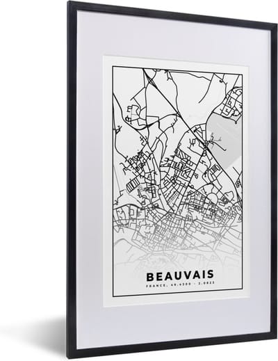 Fotolijst incl. Poster Zwart Wit- Kaart - Plattegrond - Beauvais - Frankrijk - Stadskaart - Zwart wit - 40x60 cm - Posterlijst