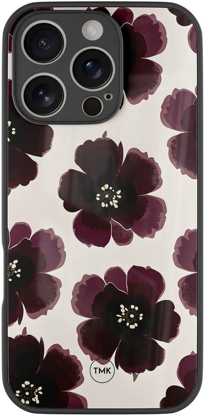 Hoesje geschikt voor Apple iPhone 16 Pro - Burgundy flowers - Paars - TPU luxe case (glossy toplaag) - Bloemen - Hardcase backcover zwart