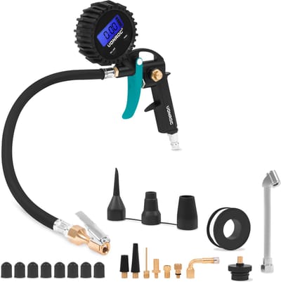 VONROC PRO Bandenpomp - Fietspomp - 3-in-1: pompen, druk meten en ontluchten – Digitale manometer - Geschikt voor compressor en perslucht - 10 bar - Universele EURO/DIN 7.2mm kop-peling - Incl. accessoires