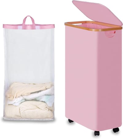 Vouwbare wasmand met wielen, 75L, roze slim ontwerp met deksel, bamboe handvatten en afneembare zak voor slaapkamer, badkamer en wasruimte
