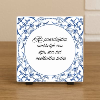Spreuktegel - Delfts Blauw Tegeltje – Paardrijden Makkelijk? – Humor Cadeau voor Paardenliefhebbers - Trendy nu - Cadeau - Vriend(in) - Familie – Decoratief Tegeltje met Standaard – Cadeau Idee