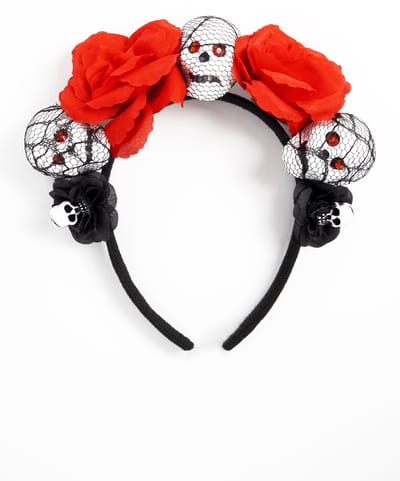 KIMU® Haarband Skull Rode Rozen Gaas - Skelet Bloemen Diadeem Doodshoofd - Halloween Dia De Los Muertos Horror Doodskop Schedel Festival