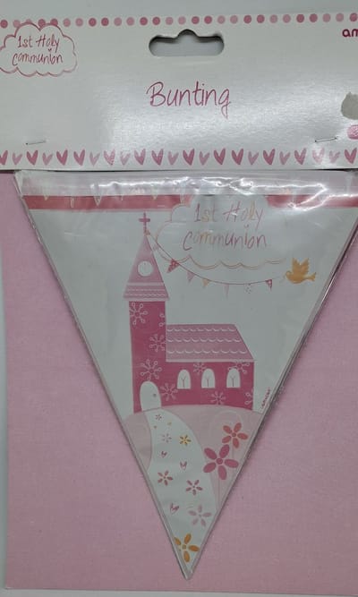 eerste Heilige communie puntvlagslinger roze amscan 3,90 meter