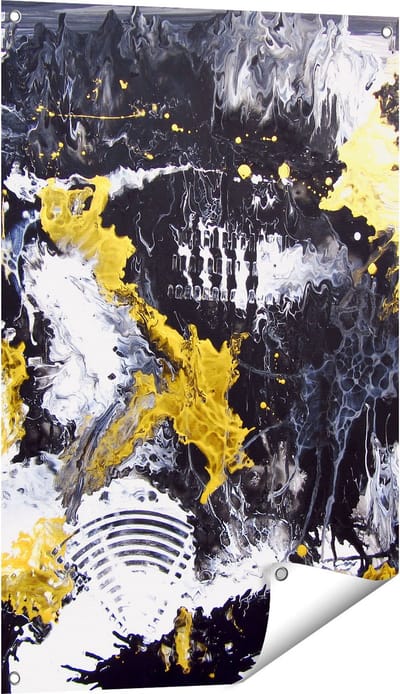 Gards Tuinposter Abstracte Kunst met Zwart, Wit en Goud - 60x90 cm - Tuindoek - Tuindecoratie - Wanddecoratie buiten - Tuinschilderij