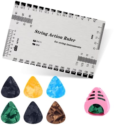 Dailygoods- Gitaarmeter - Snaar Hoogte Meter - Meetinstrument - Plectrum Organizer - 6 Plectrums - Roestvrij Staal - 8,5x5,9cm - Snaarmeter