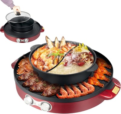 Elektrische Kookpan met Grill en Scheidingswand 2200W - 2-in-1 Soeppan Anti-Aanbaklaag voor 2-8 Personen Rood