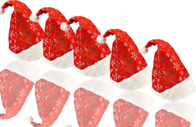 Kerstmuts set van 5 met sneeuwvlokken - Unisex Santa Muts Rood/Wit Pluche - Omtrek 62 cm - Kerstmutsen voor dames en heren