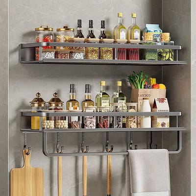 Wandmontage kruidenopslagrek voor keuken en badkamer, met handdoekhouder en haken, ideaal voor olie, zout, sojasaus en azijn, 2-pack