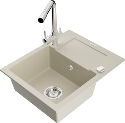 Mexen Enzo granieten spoelbak met 1 bak, afdruiprek en keukenkraan Duero, beige - 6506-69-671600-00
