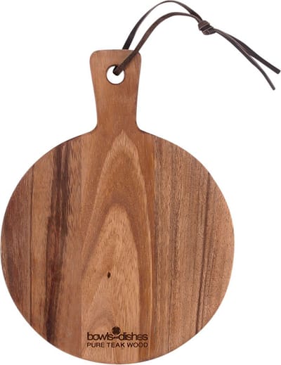 Bowls and Dishes Pure Teak Wood Borrelplank | Tapasplank | Serveerplank rond | Kaasplankje met handvat Ø 20 x2cm | BBQ cadeautip!
