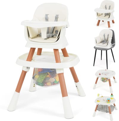 COSTWAY kinderstoel 16 in 1, kinderstoel & speelgoedtafel & bouwblokkenbord & kinderstoel & zitverhoger met afneembaar dienblad, 5-puntsgordel & mand, kinderstoel voor kinderen vanaf 6 maanden (wit)