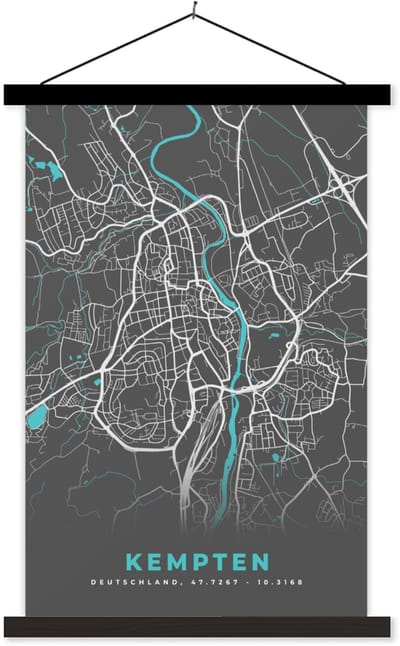 Posterhanger incl. Poster 120x180 cm - Schoolplaat - Kempten – Stadskaart – Blauw – Plattegrond – Stadskaart – Kaart - Duitsland - Textielposter - Zwarte latten - Stadskaart