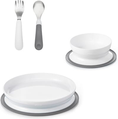 OXO Tot eetservies baby Stick & Stay – Baby bord met zuignap en antislip - baby bord+ kom+ vork en lepel – Kinderservies - Grey