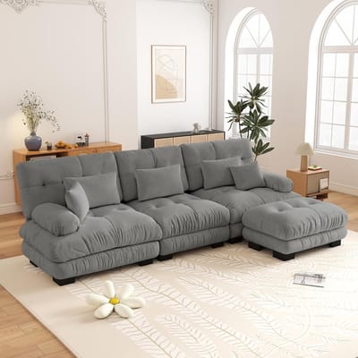 L-Bank Luxe Modulaire Hoekbank - Extra grote L-vormige Wolkbank voor de Woonkamer, Convertibele L-vormige Bank, 3-Zitsbank, Hoekbank, Diepe Slaapbank met Voetenbank, Corduroy, Grijs