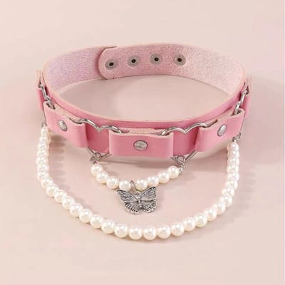 Nieuwe Mode, Dopamine Klink Sleutelbeen Ketting, Vlinder Parel Hanger, Roze PU Leer Dames Halsketting.