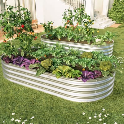 MODFU Set Van 2 Verhoogde Moestuinbakken – Open Bodem & Verzinkt Staal – 182,9x91,5x30,5 cm – Voor Tuin of Moestuin – Metaal – Zilver