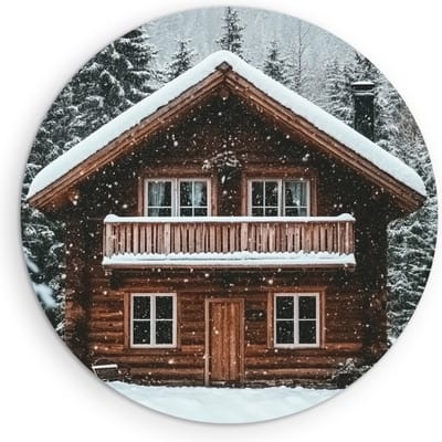 Saammp Muurcirkel Hout - Natuur - Huis in de sneeuw - bomen - landschap - Ø 90 - Wandcirkel - Wanddecoratie Cirkel - Muurdecoratie Woonkamer - Slaapkamer decoratie - Rond Schilderij